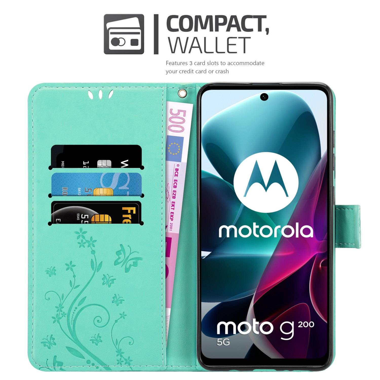 Cadorabo Hülle für Motorola MOTO G200 5G Schutz Hülle in Türkis Schutzhülle Handy Hülle Etui Case Blumen Flower