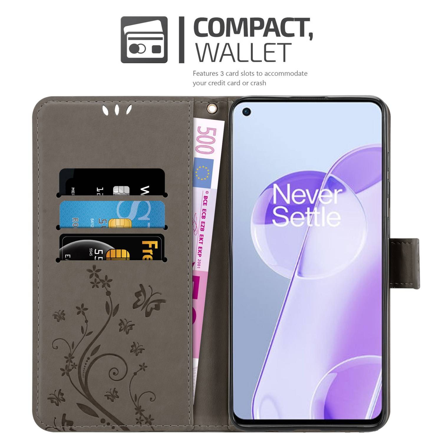 Cadorabo Hülle für OnePlus 9RT 5G Schutz Hülle in Grau Schutzhülle Handy Hülle Etui Case Blumen Flower