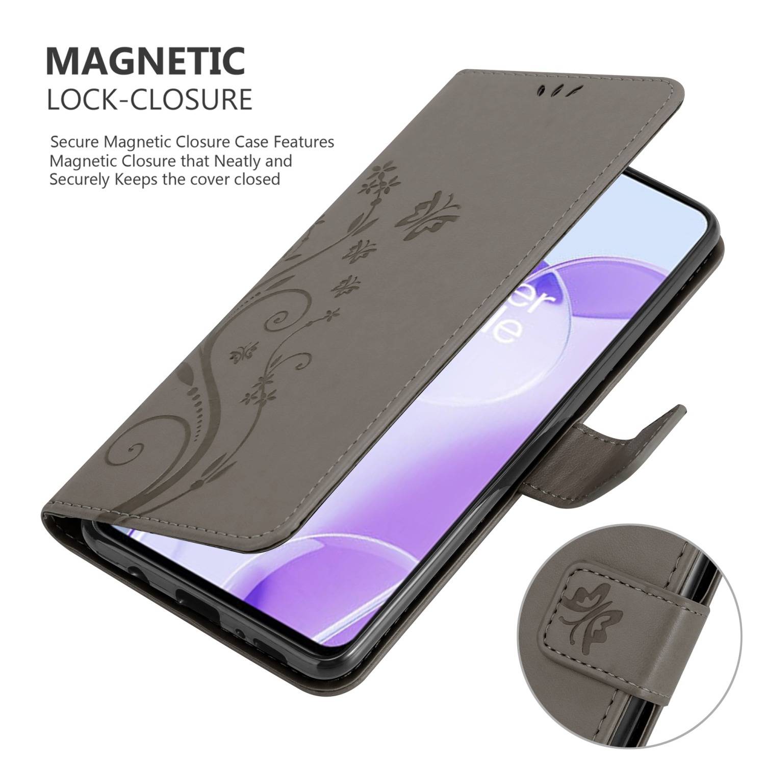 Cadorabo Hülle für OnePlus 9RT 5G Schutz Hülle in Grau Schutzhülle Handy Hülle Etui Case Blumen Flower