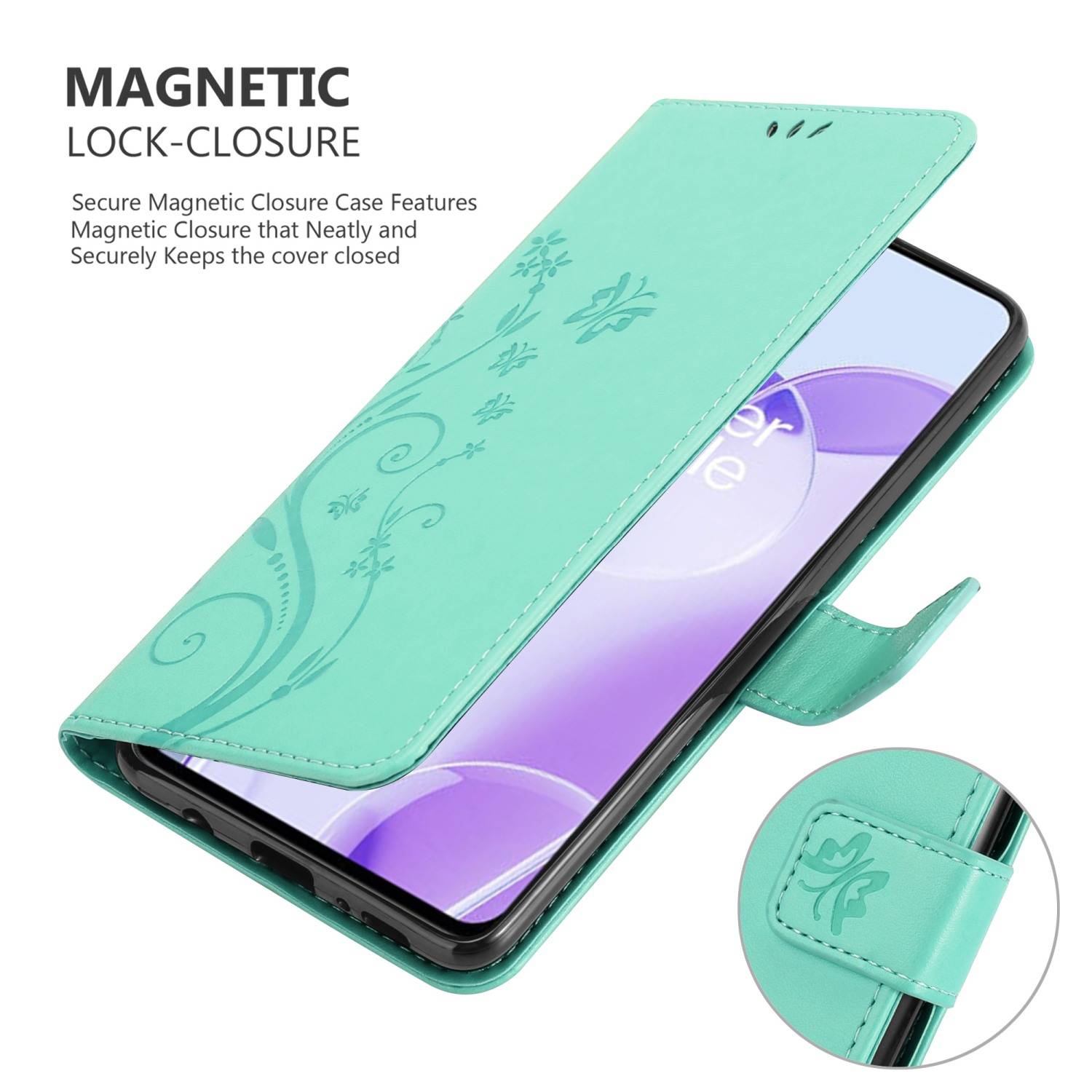Cadorabo Hülle für OnePlus 9RT 5G Schutz Hülle in Türkis Schutzhülle Handy Hülle Etui Case Blumen Flower