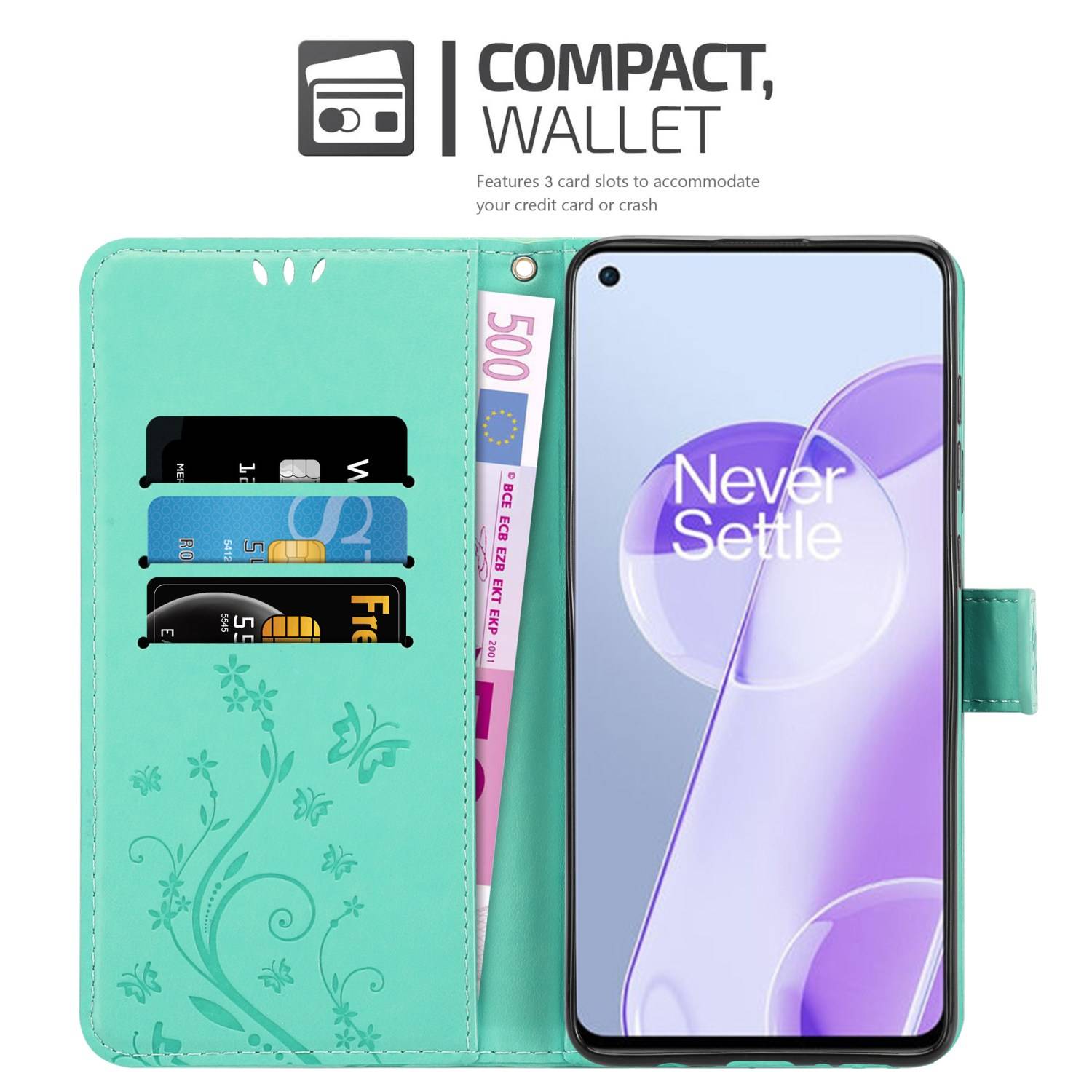 Cadorabo Hülle für OnePlus 9RT 5G Schutz Hülle in Türkis Schutzhülle Handy Hülle Etui Case Blumen Flower