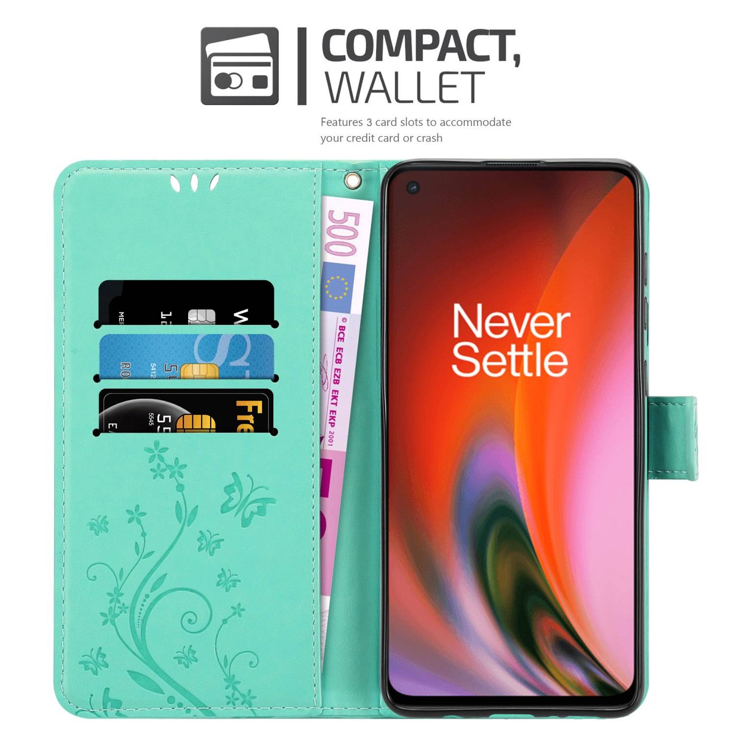 Cadorabo Hülle für OnePlus Nord 2 5G Schutz Hülle in Türkis Schutzhülle Handy Hülle Etui Case Blumen Flower