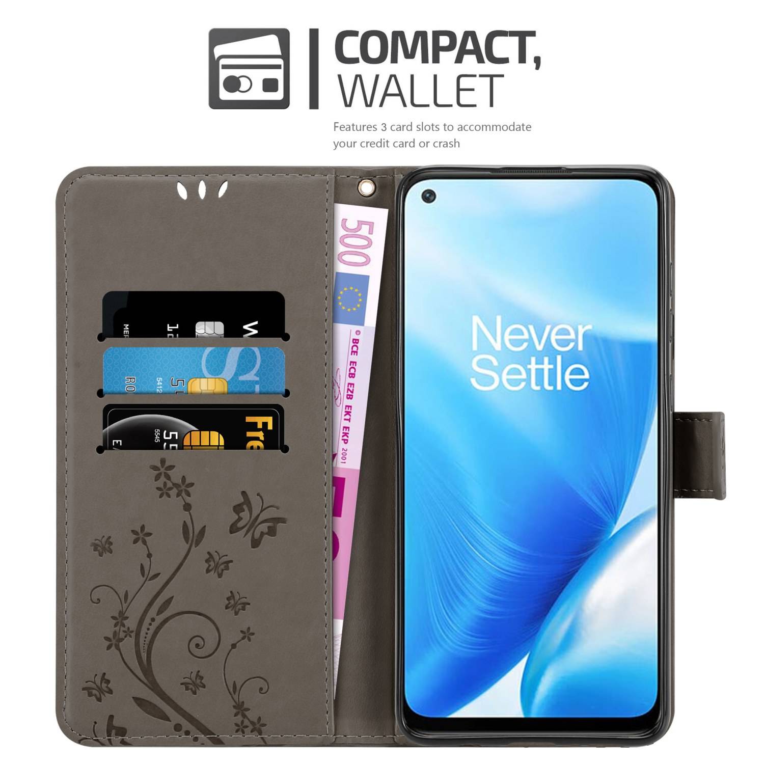 Cadorabo Hülle für OnePlus Nord N200 5G Schutz Hülle in Grau Schutzhülle Handy Hülle Etui Case Blumen Flower