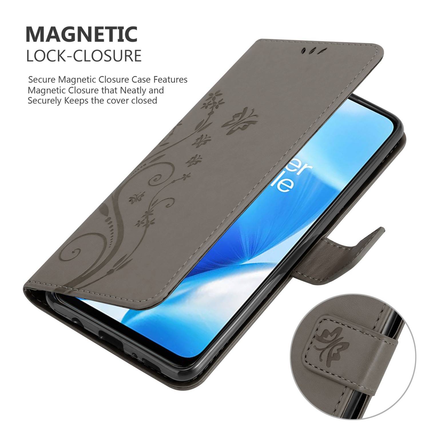 Cadorabo Hülle für OnePlus Nord N200 5G Schutz Hülle in Grau Schutzhülle Handy Hülle Etui Case Blumen Flower