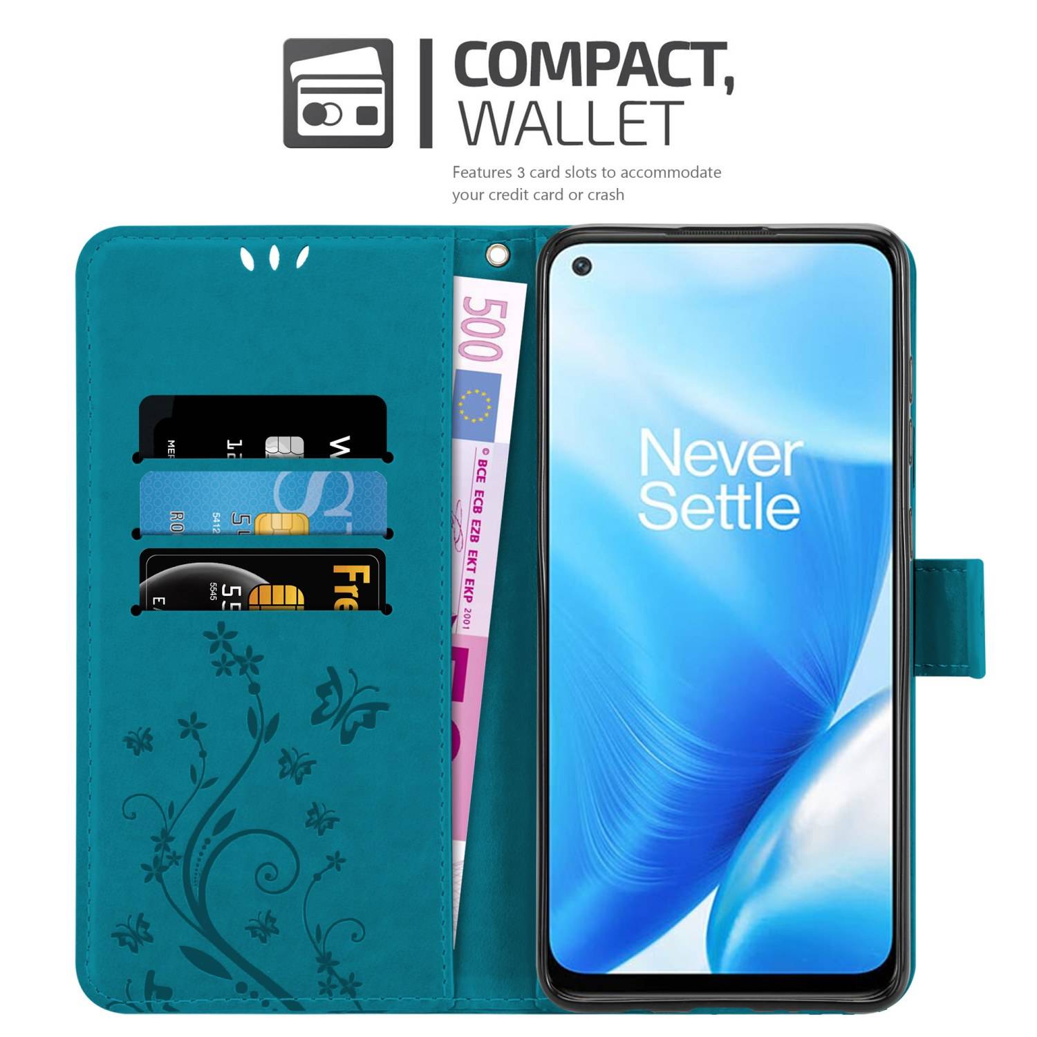 Cadorabo Hülle für OnePlus Nord N200 5G Schutz Hülle in Blau Schutzhülle Handy Hülle Etui Case Blumen Flower