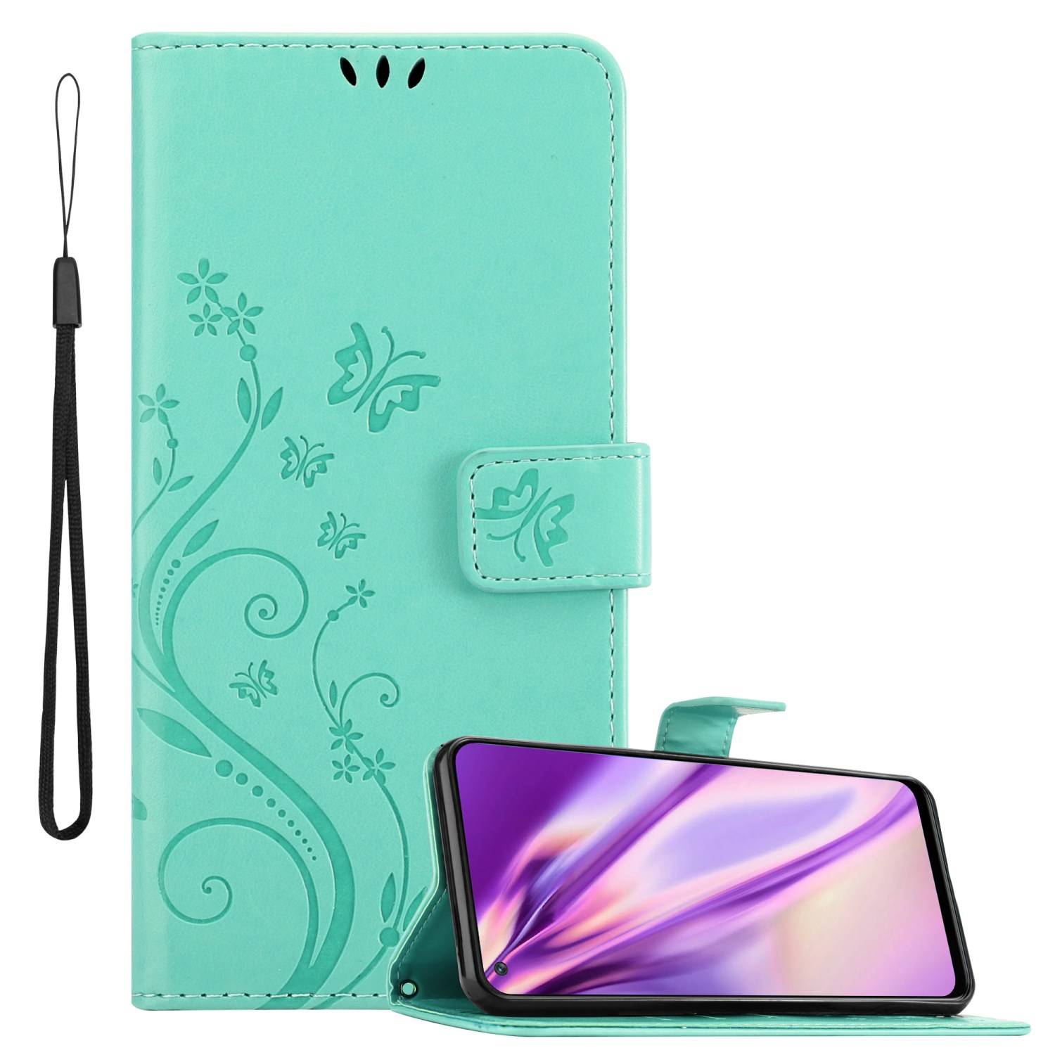 Cadorabo Hülle für OnePlus Nord N200 5G Schutz Hülle in Türkis Schutzhülle Handy Hülle Etui Case Blumen Flower