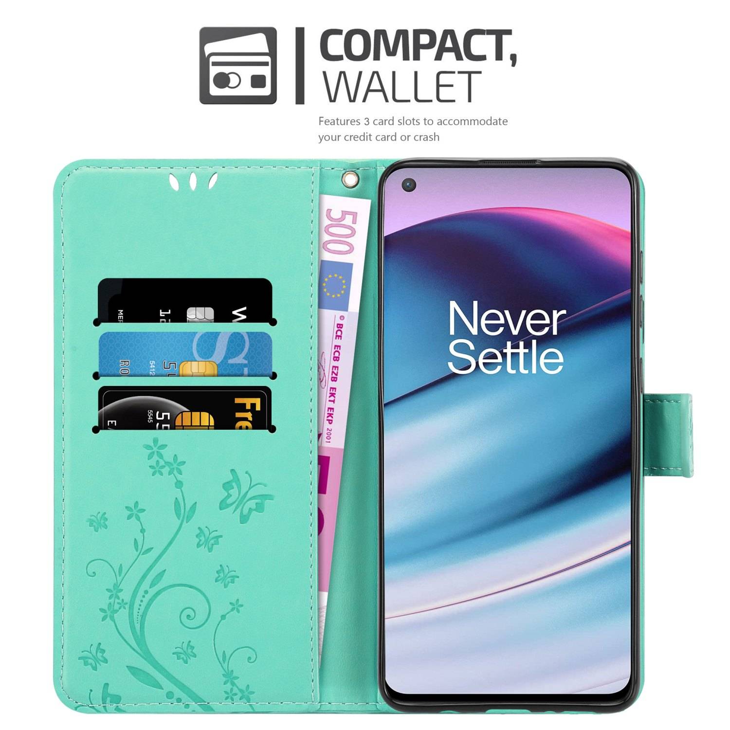 Cadorabo Hülle für OnePlus Nord CE 5G Schutz Hülle in Türkis Schutzhülle Handy Hülle Etui Case Blumen Flower