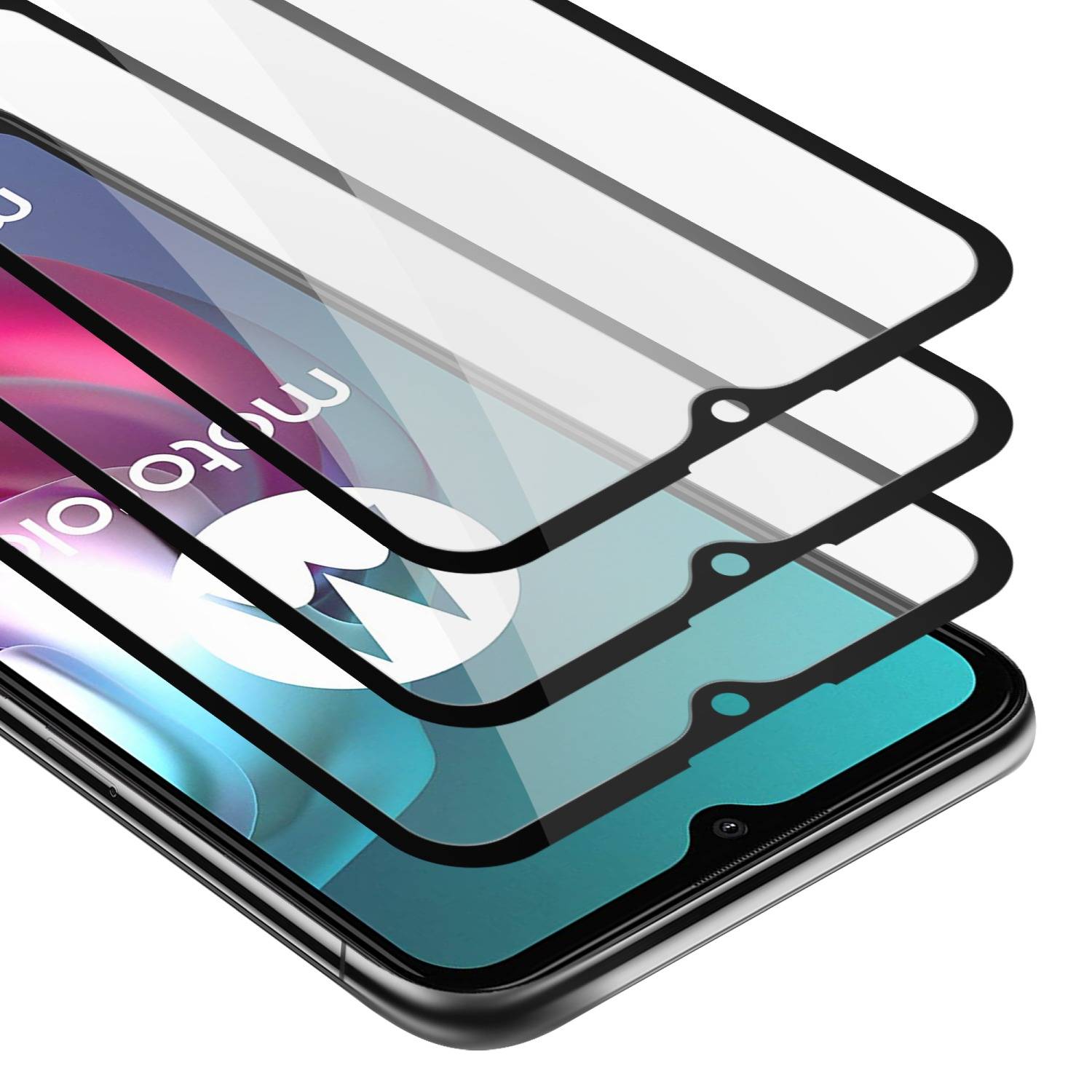Cadorabo 3x Vollbild Panzer Folie für Motorola MOTO G10 / G30 Schutzfolie in Schwarz Tempered Display-Schutzglas