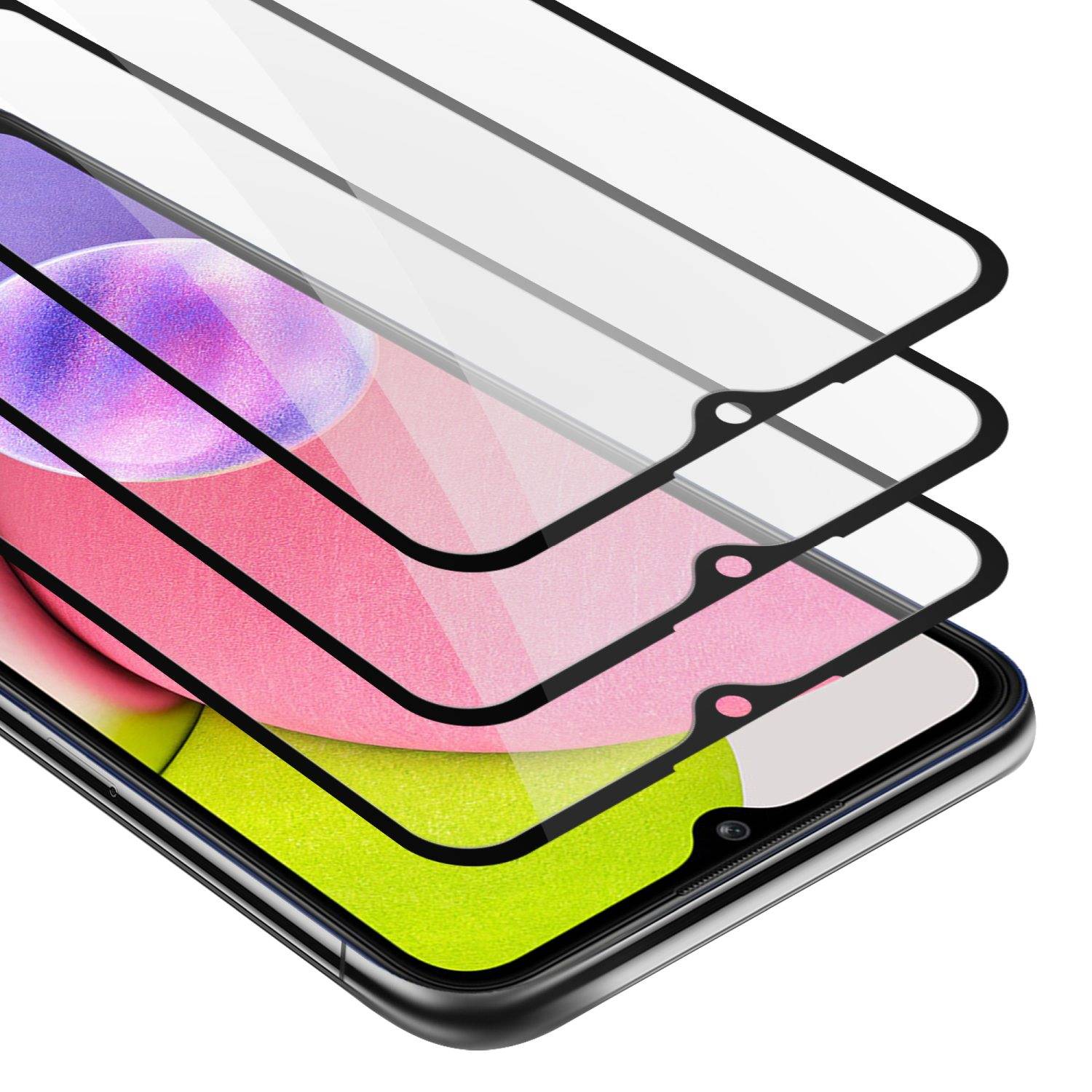 Cadorabo 3x Vollbild Panzer Folie für Samsung Galaxy A03s Schutzfolie in Schwarz Tempered Display-Schutzglas