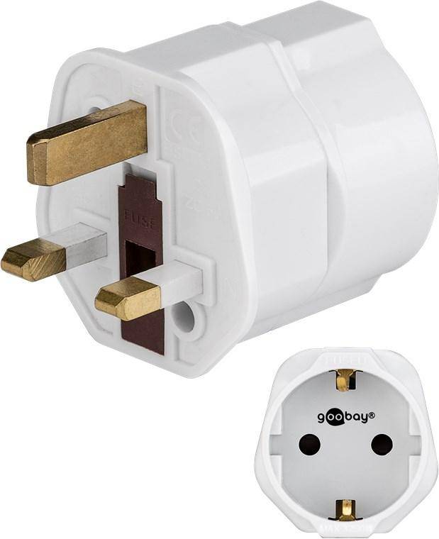 Reiseadapter, Schutzkontaktbuchse (Typ F, CEE 7/3)- UK 3-Pin-Stecker (Typ G, BS 8546), weiß