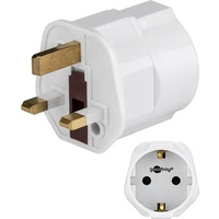 Reiseadapter, Schutzkontaktbuchse (Typ F, CEE 7/3)- UK 3-Pin-Stecker (Typ G, BS 8546), weiß Reiseadapter, Schutzkontaktbuchse (Typ F, CEE 7/3)- UK 3-Pin-Stecker (Typ G, BS 8546), weiß