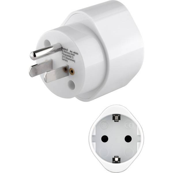 Weißer Elektrostecker-Adapter mit dreipoliger EU-Steckerform (Stecker) und zweipoliger Buchse, dargestellt von der Seite und von vorne.