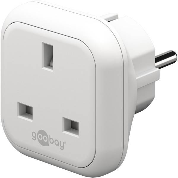 Weißer UK Stecker-Adapter mit drei Kontakten und EU-Steckerkontakten mit zwei Stiften, dargestellt in einer produktorientierten Ansicht mit 