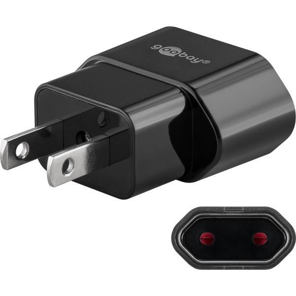 Schwarzer Goobay USB-Wandladegerät mit klappbaren Steckern, gezeigt aus zwei Winkeln, einschließlich der Steckdosenfront mit zwei Ladeanschlüssen.