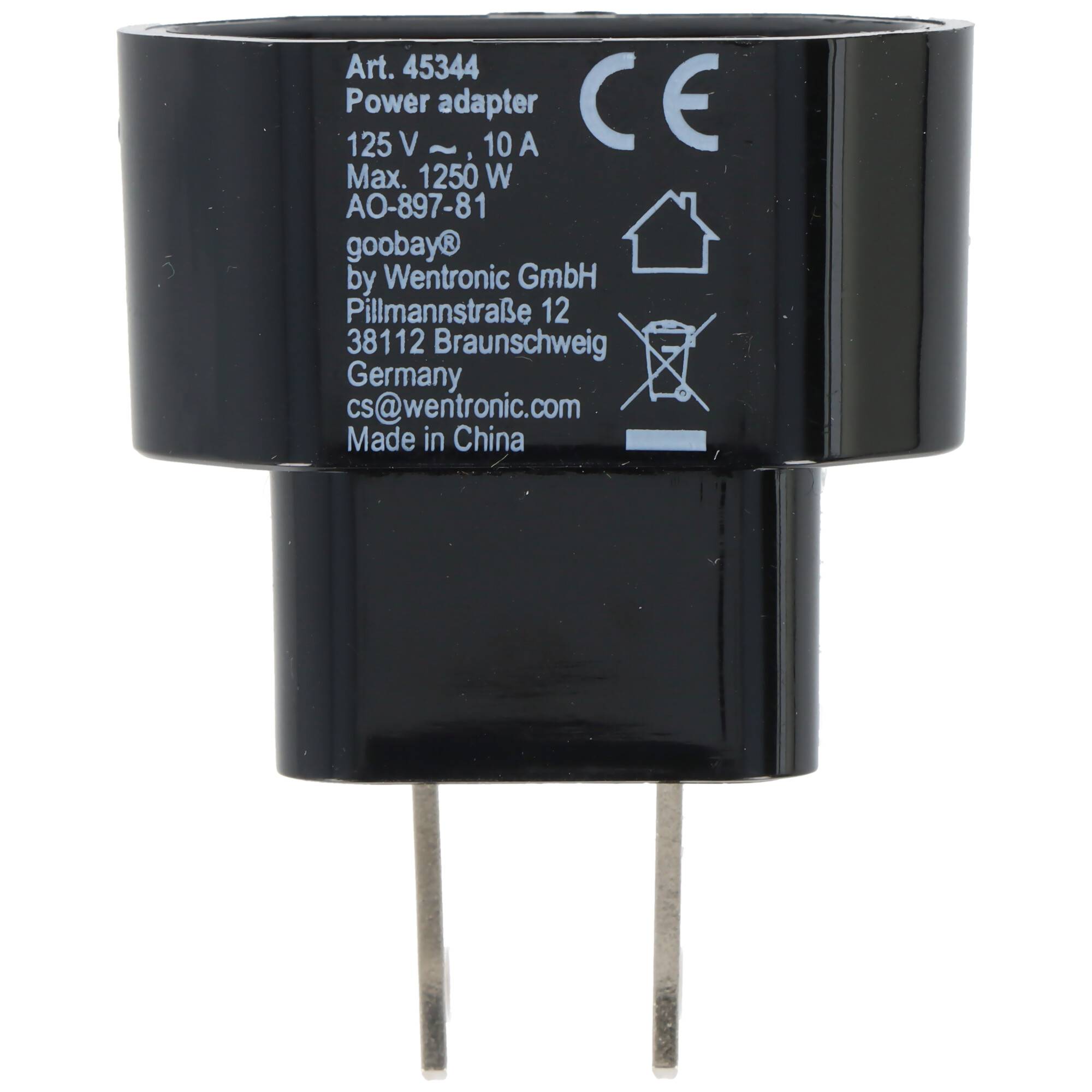 Stromadapter, 125 V~ 10 A, max. 1250 W, von Wentronic GmbH, Deutschland, Modell AO-897-81, schwarze Farbe.