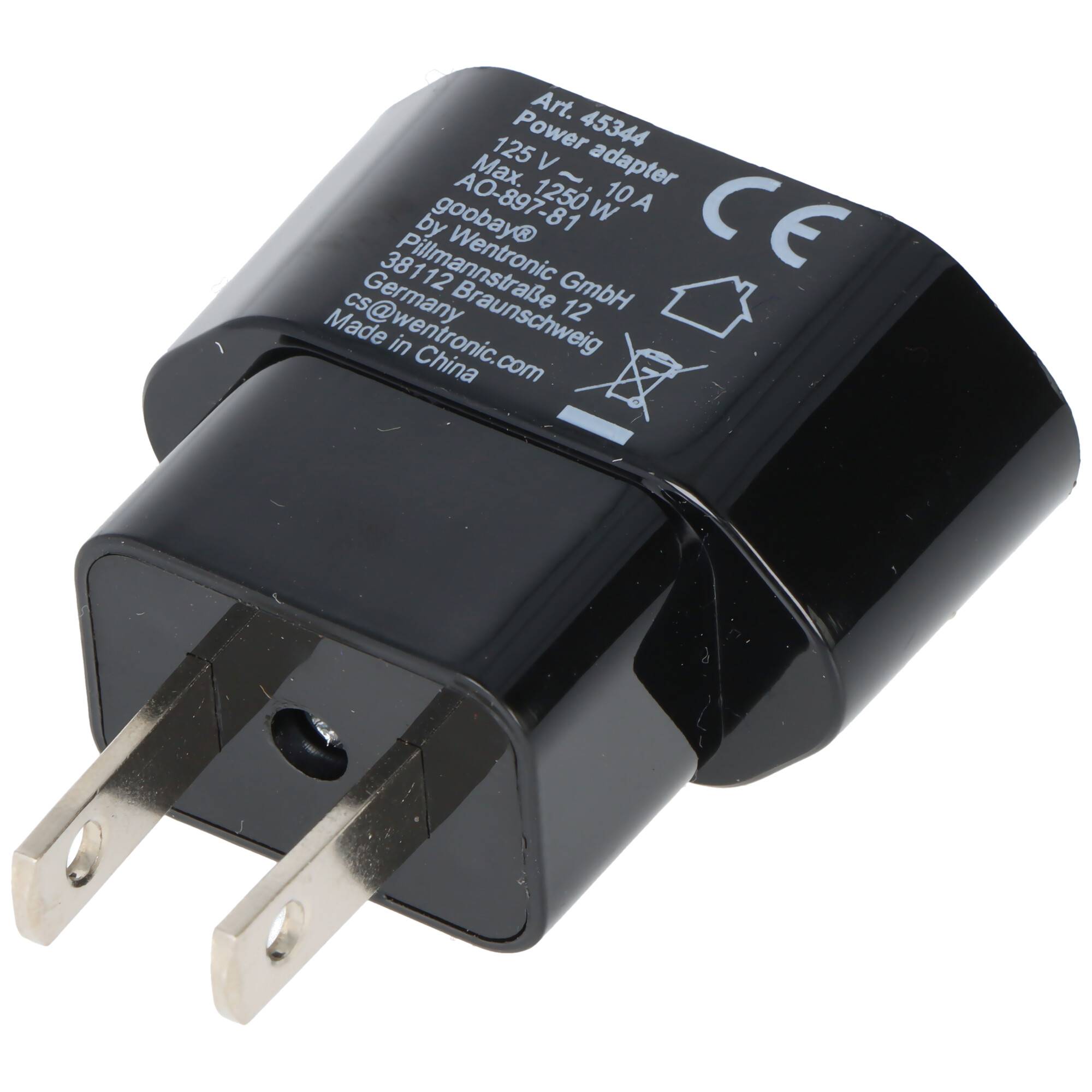 Schwarzer Stromadapter mit Metallstiften, gekennzeichnet mit Spezifikationen: 125V, 10A, und Herstellungsdetails auf der Seite.