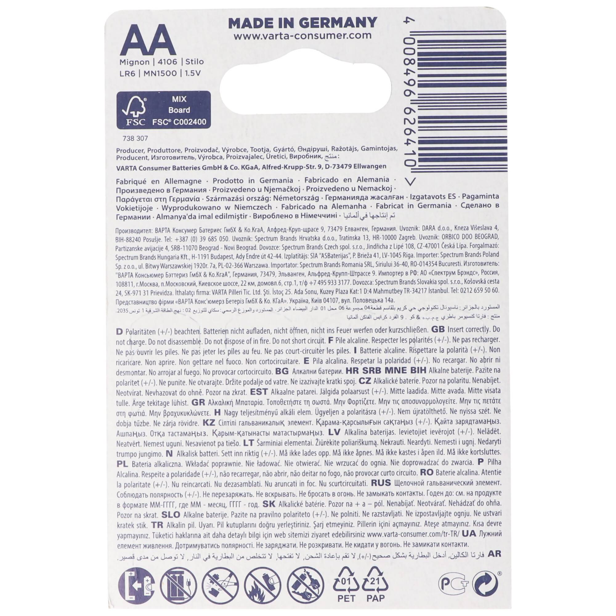 Varta Energy AA, Einwegbatterie, AA, Alkali, 1,5 V, 4 Stück(e), 50,5 mm