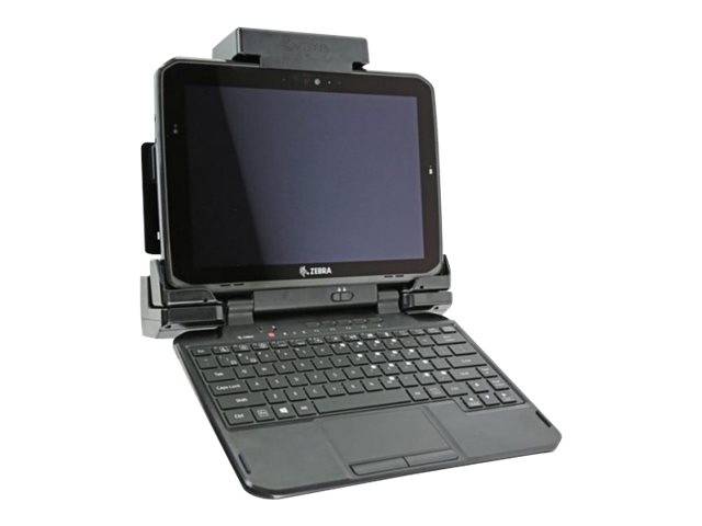 Robustes Tablet-Laptop mit angeschlossener Keyboard-Docking-Station und Schutzrahmen, offen auf weißem Hintergrund dargestellt.