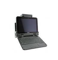 Tablet-Computer mit angebrachter Tastatur-Dockingstation und Bildschirm, aufgeklappt auf weißem Hintergrund gezeigt.