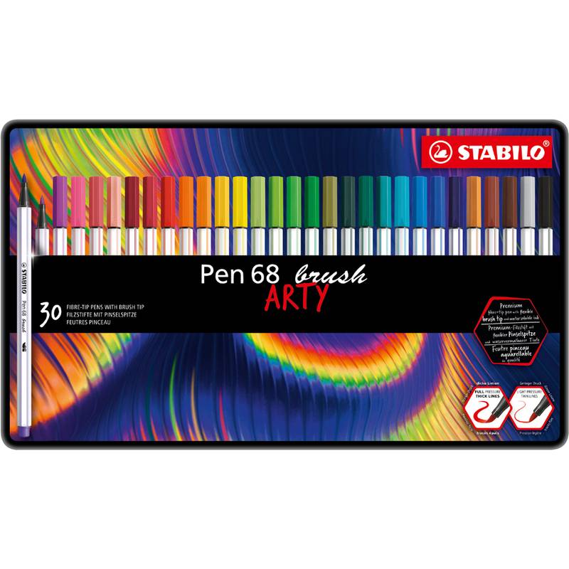 Eine Sammlung von 30 Stabilo Pen 68 Pinselmarkern in verschiedenen Farben, präsentiert in einer Blechdose.