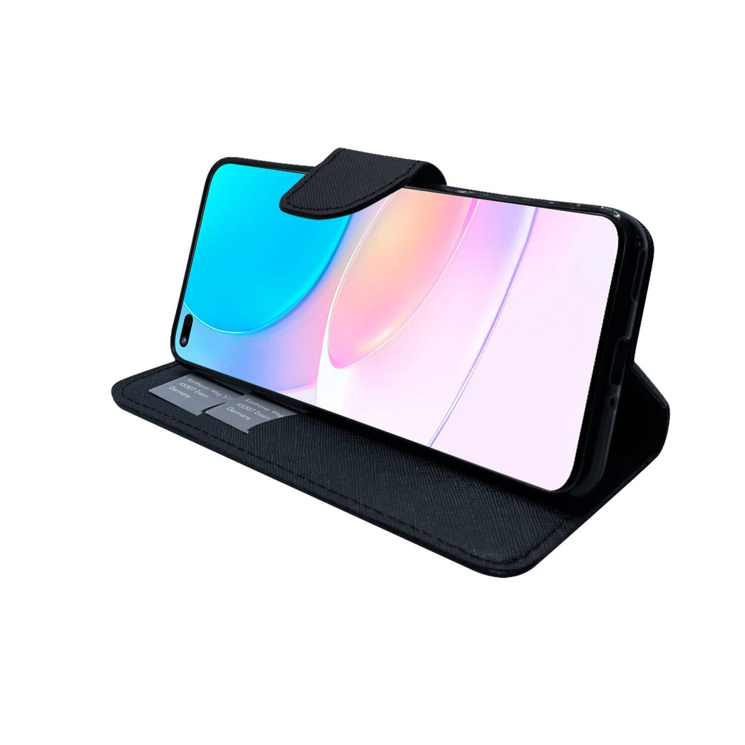 Buch Tasche "Fancy" kompatibel mit HUAWEI NOVA 8i Handy Hülle Etui Schutzhülle mit Standfunktion, Kartenfach Schwarz