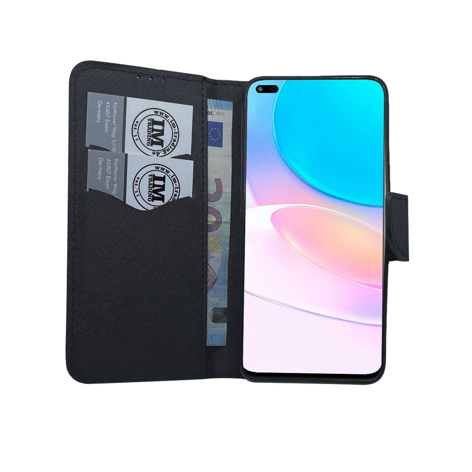 Buch Tasche "Fancy" kompatibel mit HUAWEI NOVA 8i Handy Hülle Etui Schutzhülle mit Standfunktion, Kartenfach Schwarz