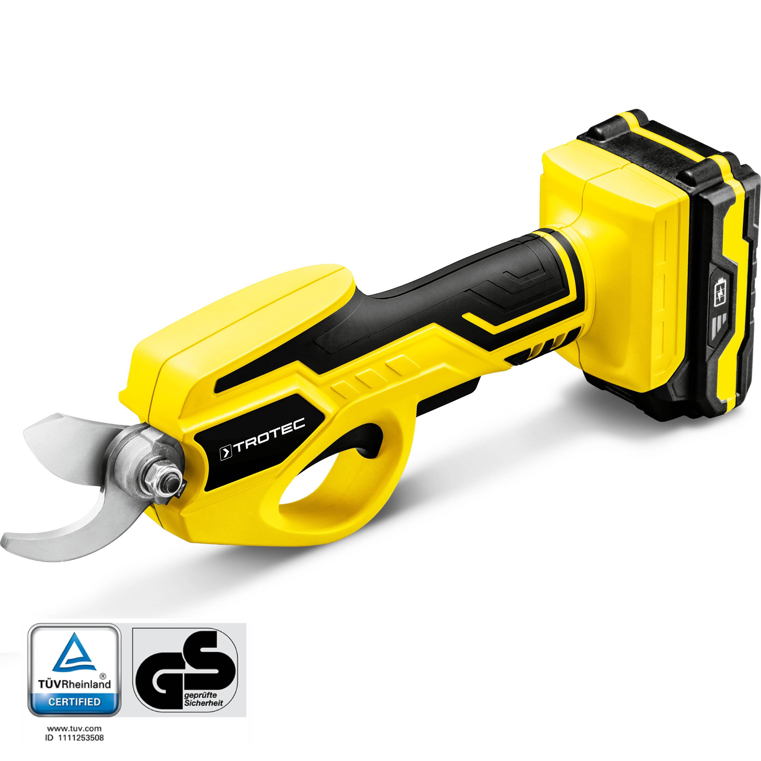 TROTEC Akku Astschere PGSS 15-20V – Multi Akku 20V 2 Ah, Hartholz 15 mm, Weichholz 28 mm – Einschaltschutz, Fingerschutz, Klingenschutz