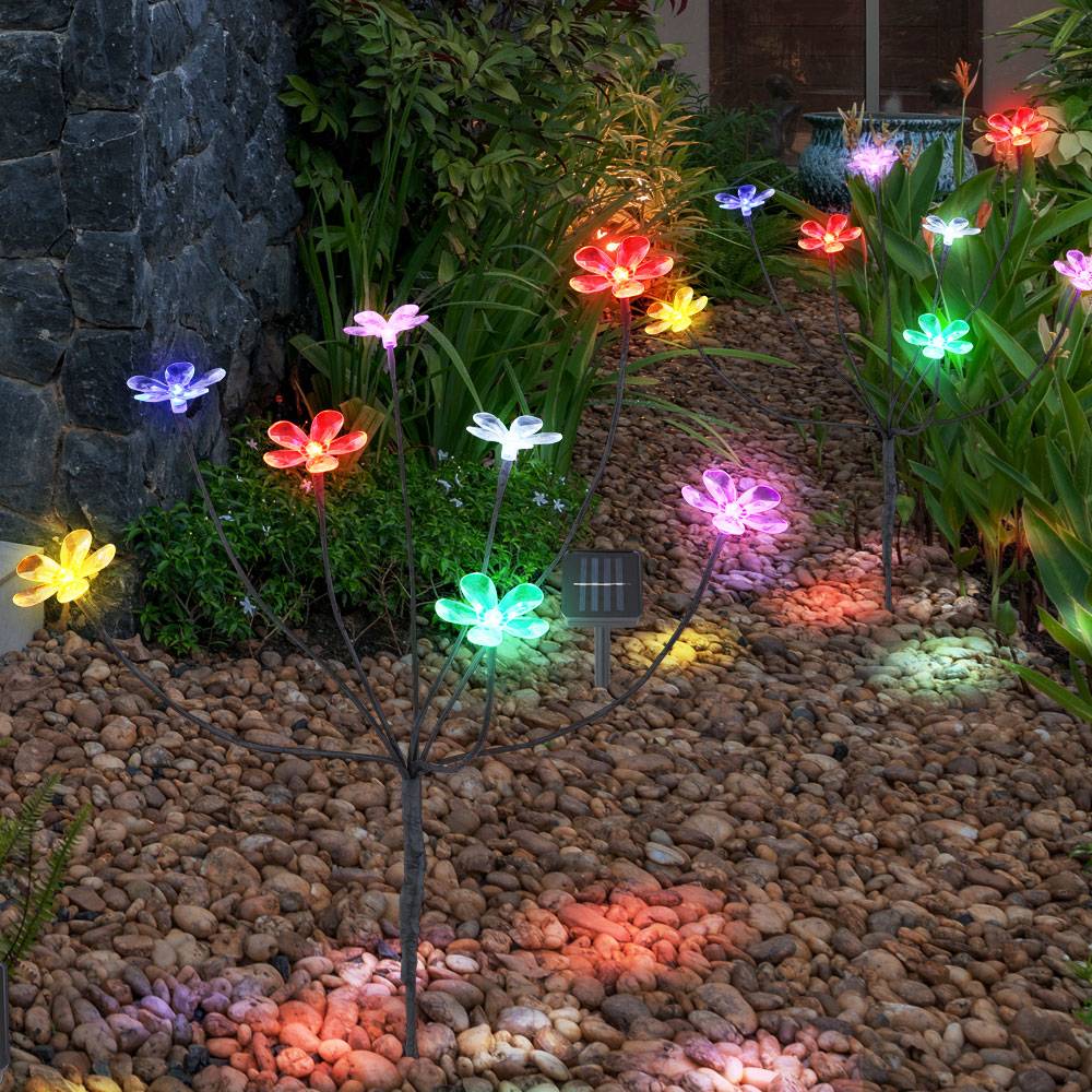 Solarleuchte Solarlampen für Außen Gartendeko Outdoor Solar Lampe mit bunte Blumen, 8 Blüten, Metall Glas, 8x LED, H 62 cm, 2er Set