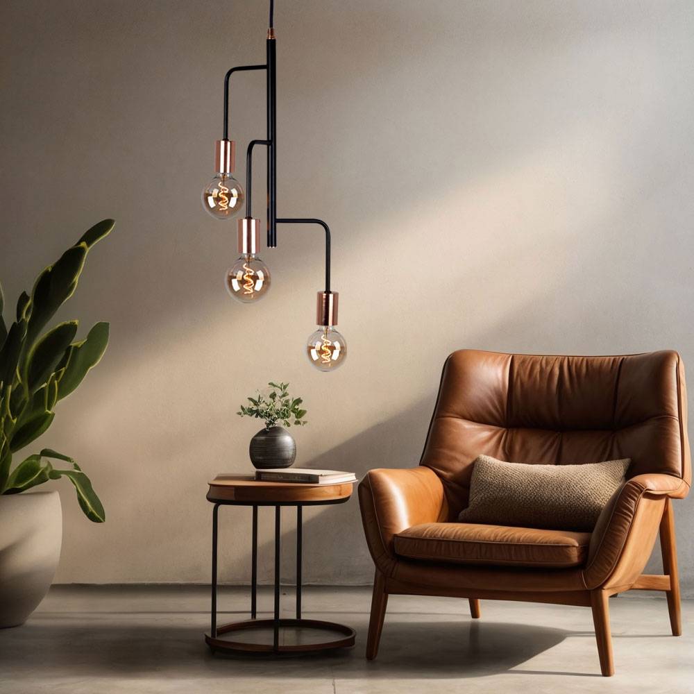 Hängeleuchte kupfer schwarz Pendelleuchte 3 Flammig Hängelampe Retro, Metall, 3x E27 Fassungen, DxH 28x172 cm