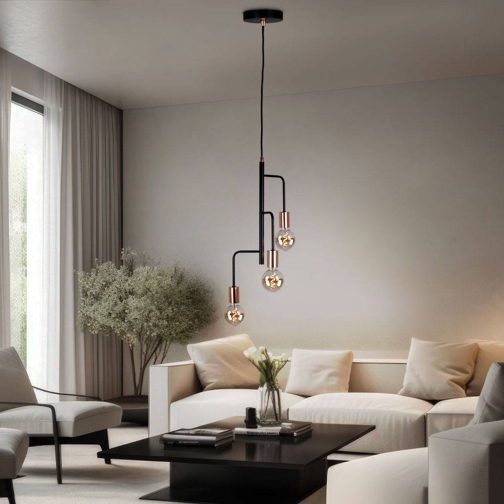 Hängeleuchte kupfer schwarz Pendelleuchte 3 Flammig Hängelampe Retro, Metall, 3x E27 Fassungen, DxH 28x172 cm