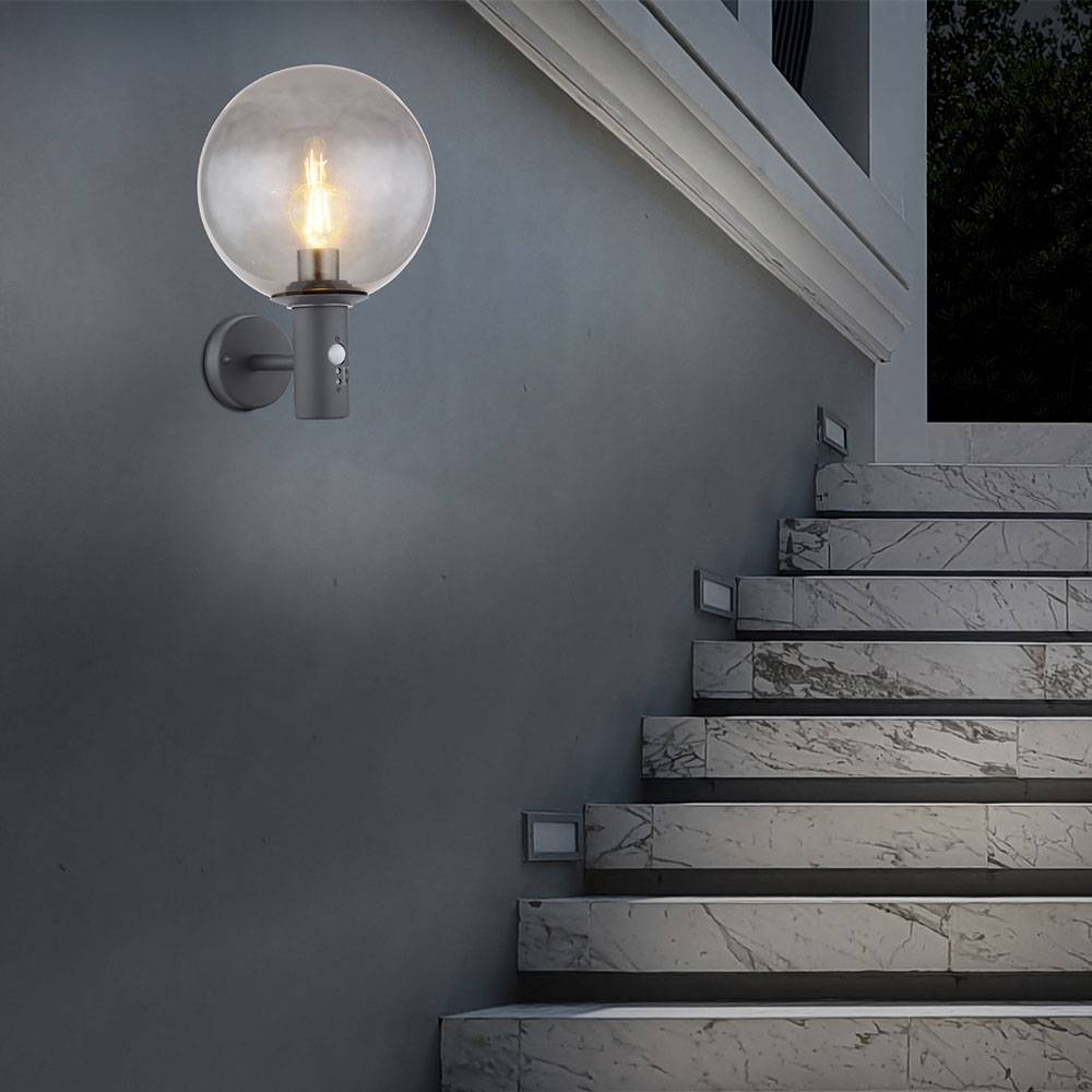 Wandleuchte mit Bewegungsmelder Außenlampe mit Bewegungsmelder anthrazit Haus Außenbeleuchtung Edelstahl , Kugel, 1x E27, LxBxH 26,5x25x37 cm