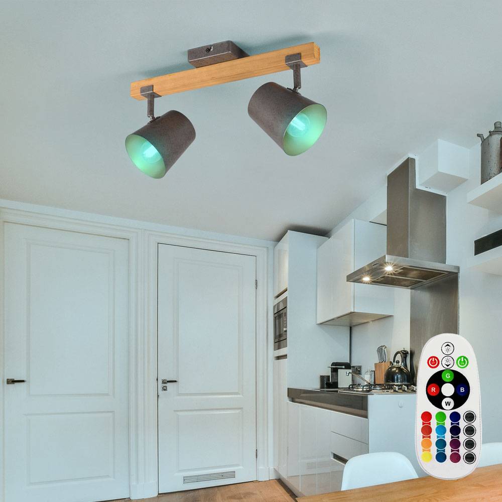 Deckenstrahler Vintage Holz Deckenlampe Fernbedienung dimmbar Deckenleuchte Landhausstil, Spots beweglich, Metall, 2x RGB LED 3,5W 320Lm, LxBxH