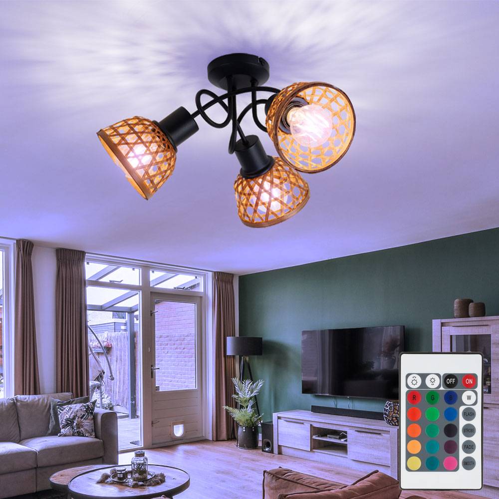Deckenlampe Bambusgeflecht Deckenleuchte Spotleuchte Wohnzimmer, Metall, Fernbedienung dimmbar, 3x RGB LED 9W 806Lm, D x H 46 x 25