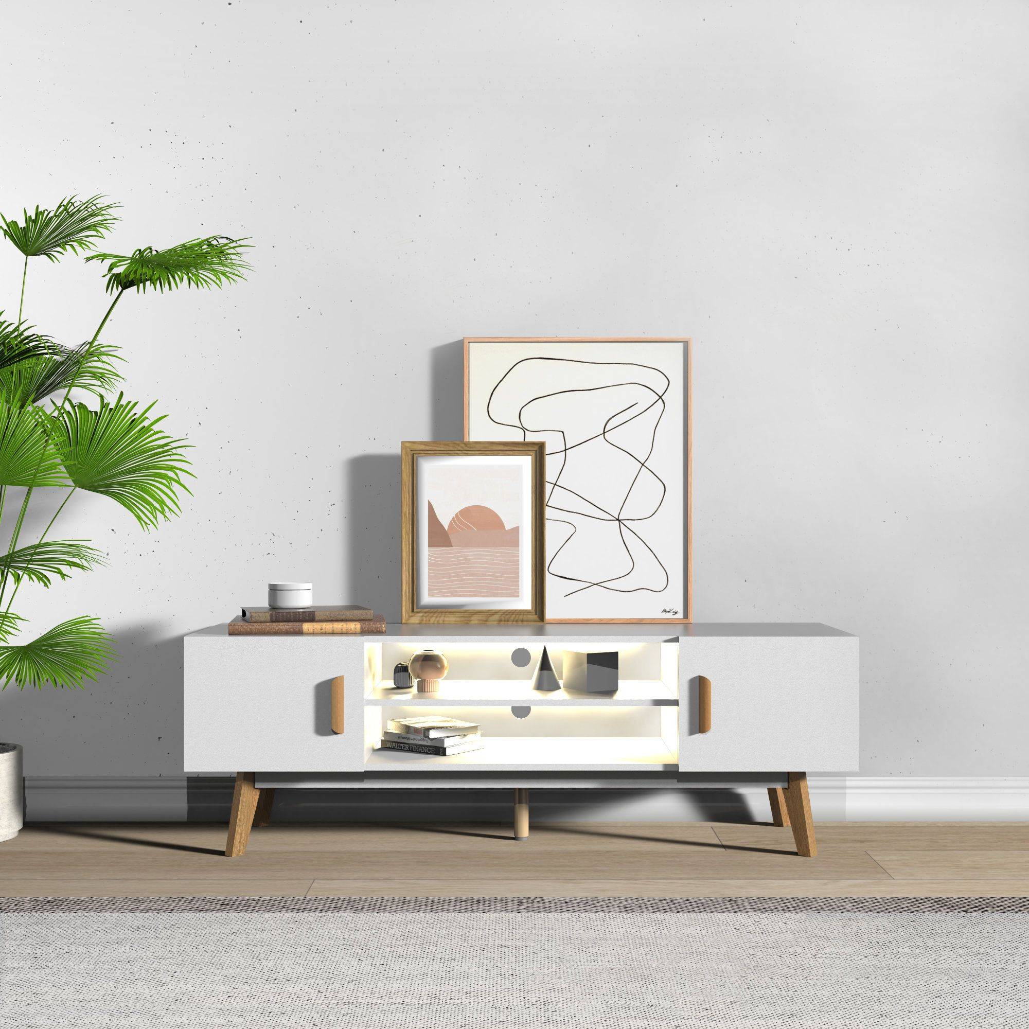 kalb | Lia weißes TV Lowboard mit integrierter Beleuchtung im Skandi Look 150cm