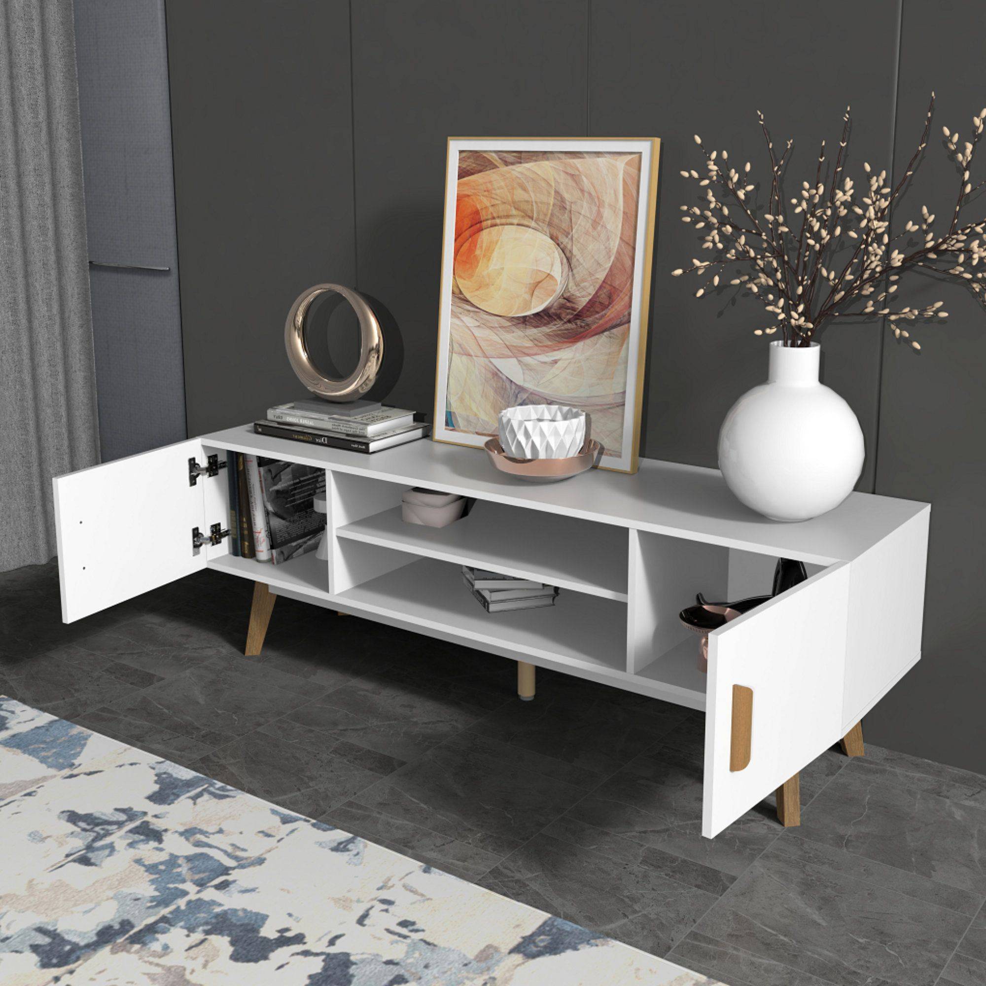 kalb | Lia weißes TV Lowboard mit integrierter Beleuchtung im Skandi Look 150cm