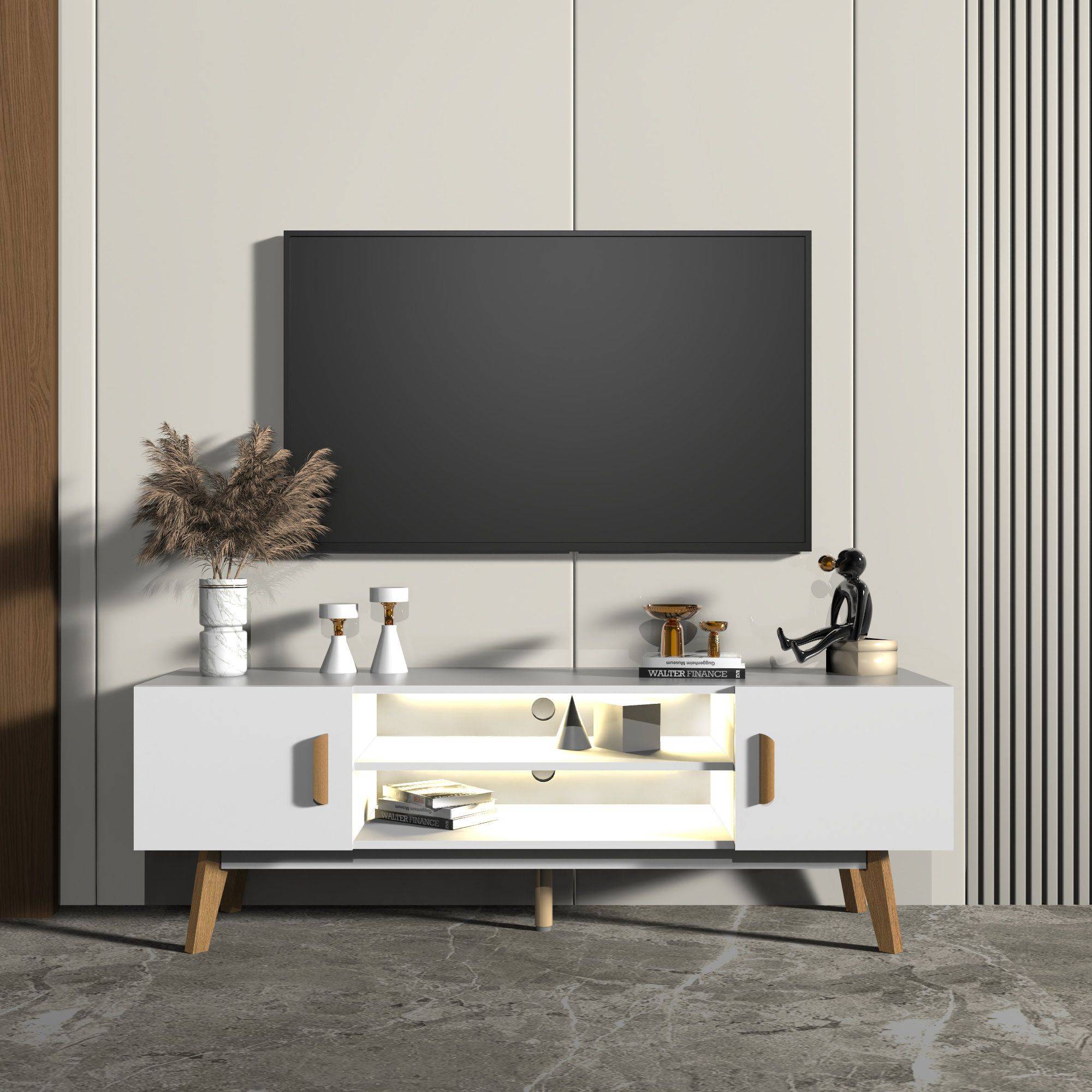 kalb | Lia weißes TV Lowboard mit integrierter Beleuchtung im Skandi Look 150cm
