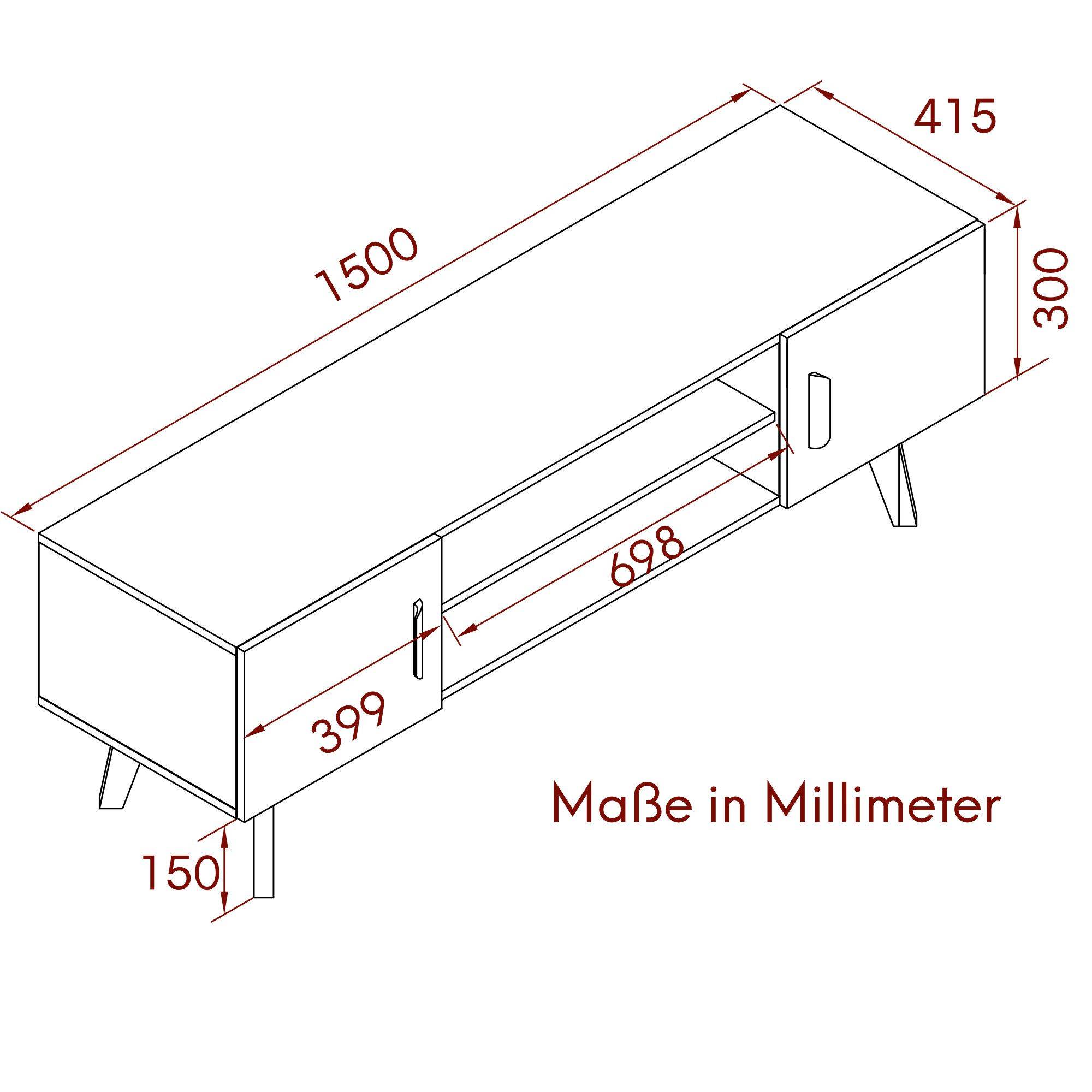 kalb | Lia weißes TV Lowboard mit integrierter Beleuchtung im Skandi Look 150cm