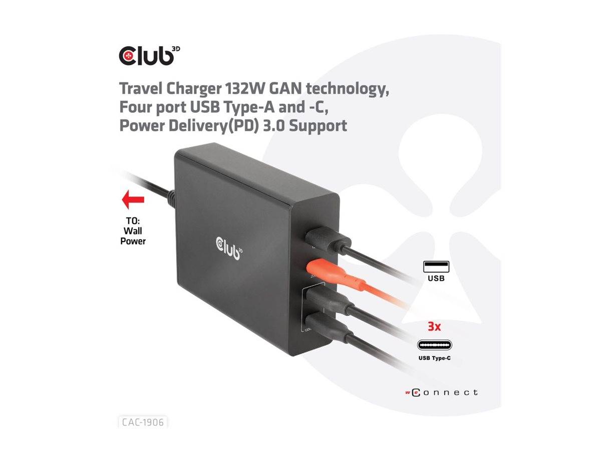 Club 3D Reiseladegerät 132W GaN-Netzteil mit vier USB-Anschlüssen, dargestellt mit Stromversorgung an der Wand und drei angeschlossenen Geräten.