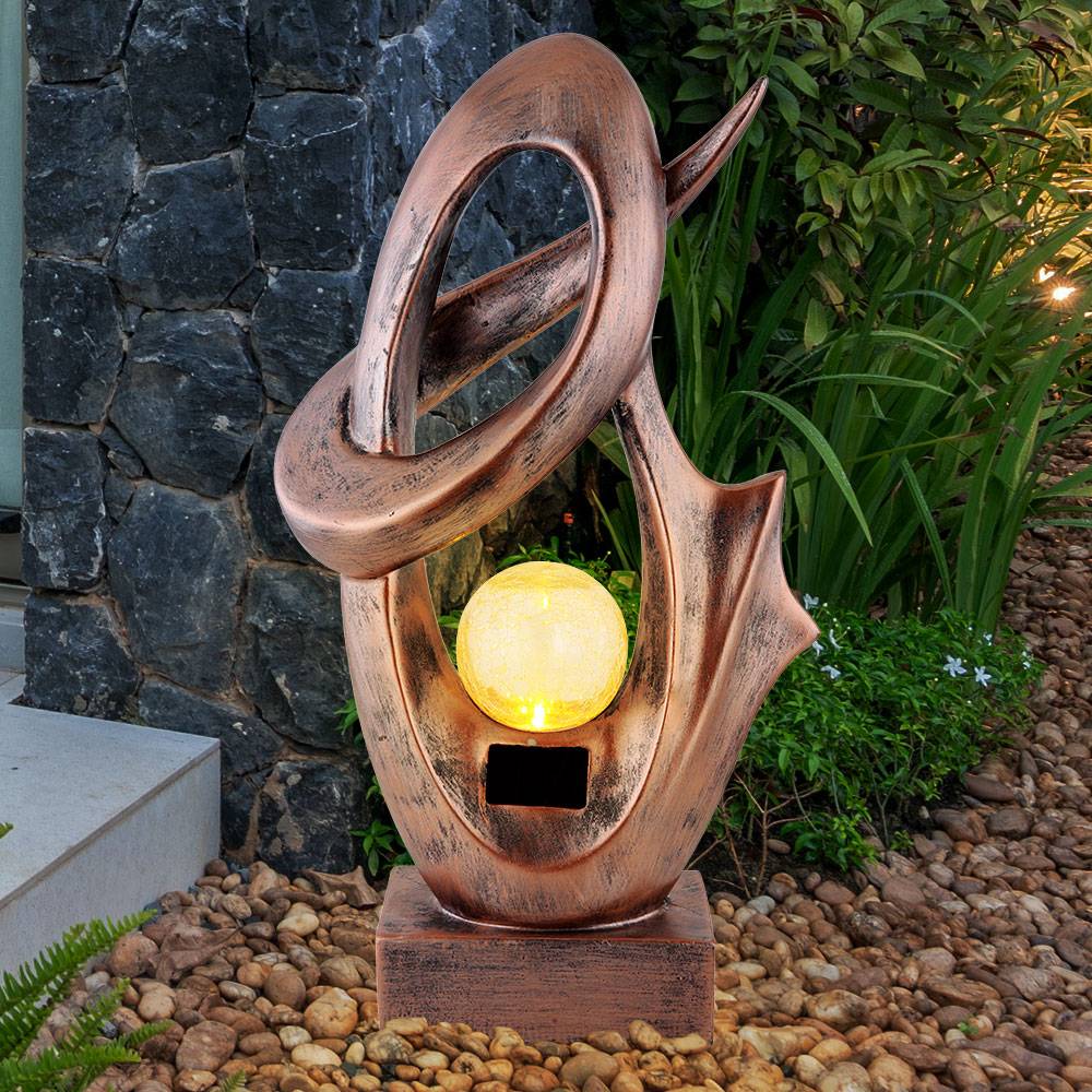 Gartendeko Solarlampe für Außen Terrassenlampe Außen Boden Solarlampe Outdoor stehend, mit Feuereffekt, Skulptur bronze, Crackle Glaskugel, 1x LED