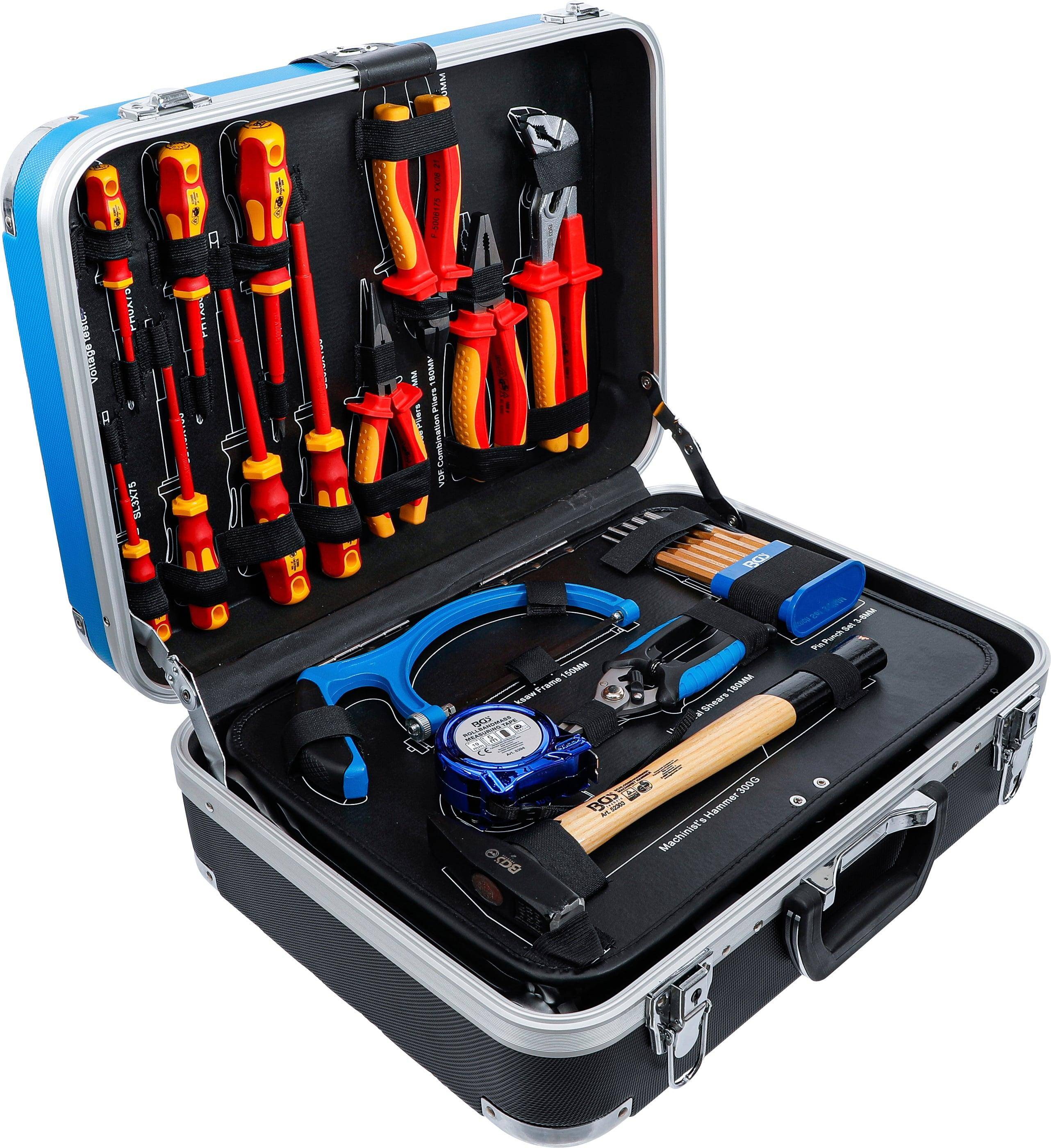 Eine offene Werkzeugkiste mit verschiedenen Werkzeugen, darunter Schraubendreher, Zangen, ein Hammer, ein Stahllineal und ein Universalmesser, die in Fächern organisiert sind.
