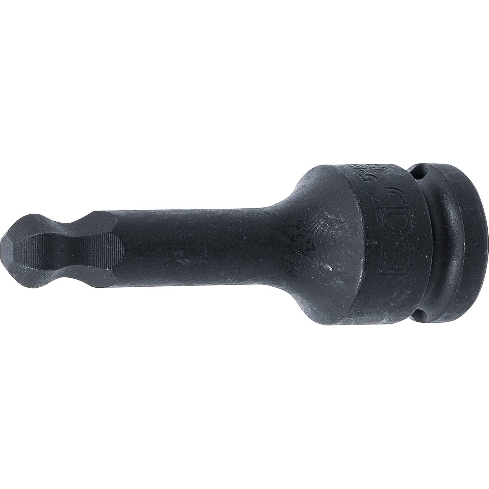 Ein schwarzer Stahl-Stecknuss-Bitadapter mit Sechskantschaft und rundem Ende.