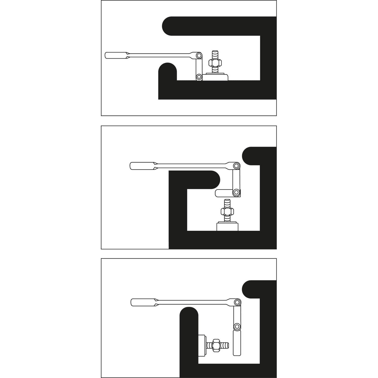 Drei Diagramme zeigen die Position eines Ventilgriffs: geöffnet, teilweise geschlossen und vollständig geschlossen in einem Rohrsystem.