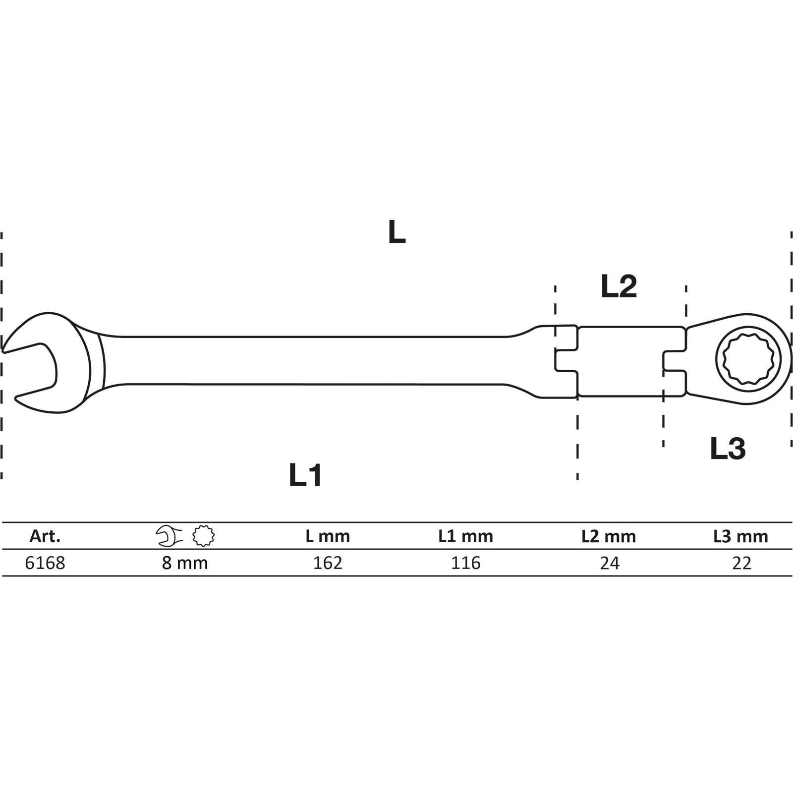 Ein Schraubenschlüssel mit der Bezeichnung 'A 6168' mit folgenden Abmessungen: L 192 mm, L1 166 mm, L2 24 mm, L3 2 mm und 8 mm Größe, dargestellt mit einer schematischen Übersicht.