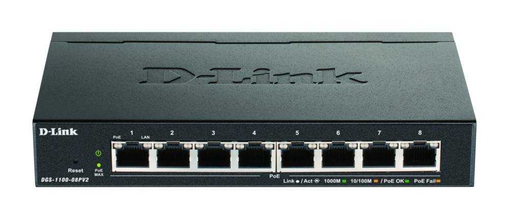 Frontansicht eines D-Link-Netzwerk-Switches mit acht Ethernet-Ports, von 1 bis 8 beschriftet, mit Anzeigen für PoE, Link/Act, 1000M und 10/100Mbps.