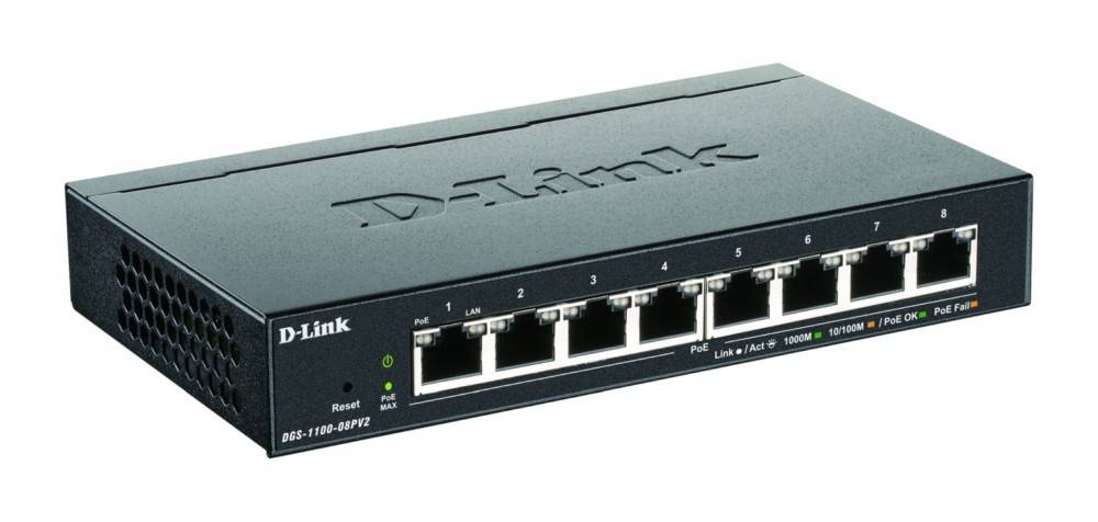 Ein D-Link Netzwerk-Switch mit acht Ethernet-Ports, von 1 bis 8 beschriftet, und Anzeige-Leuchten für Stromversorgung und Verbindungsstatus.