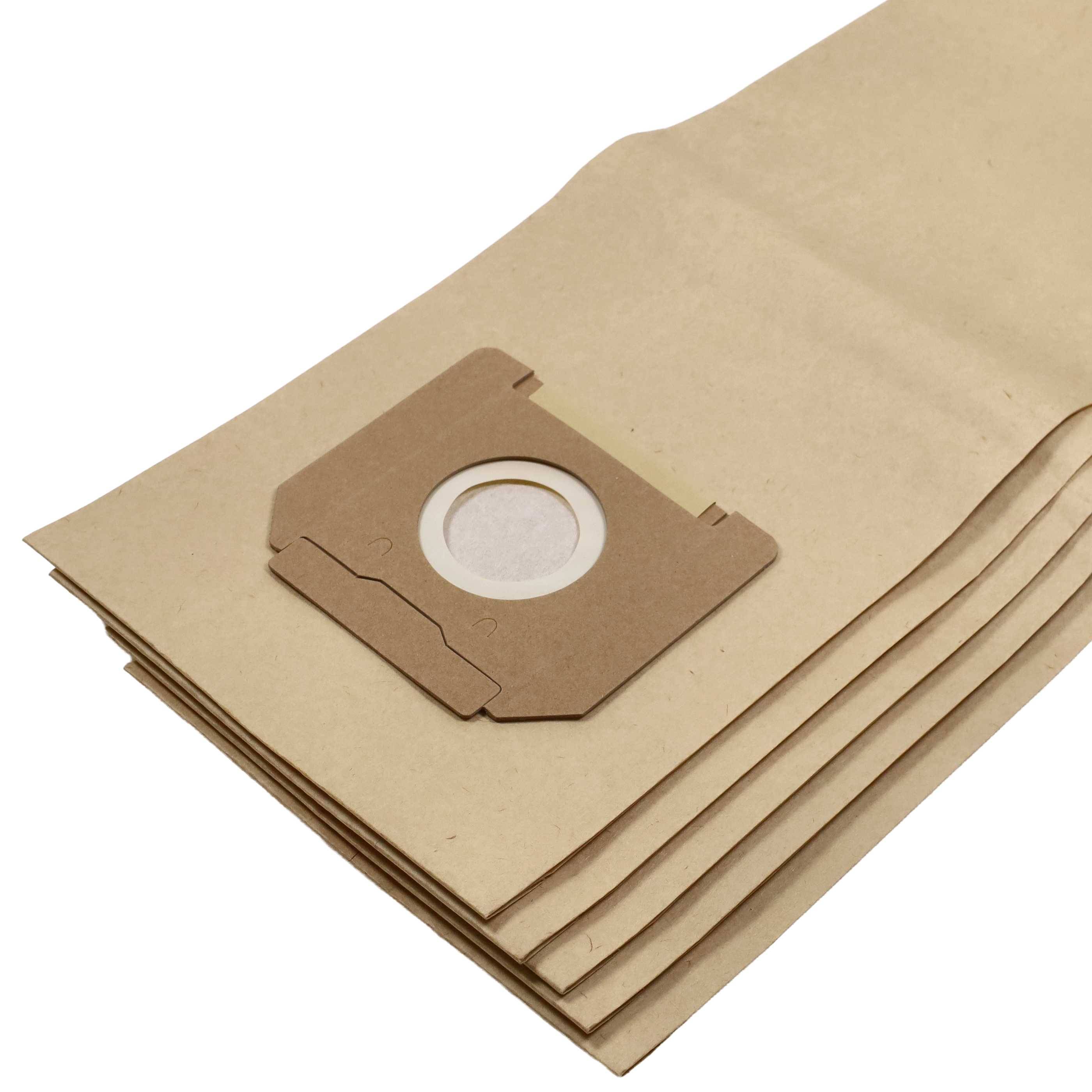 Ein Stapel brauner Staubsaugerbeutel, jeder mit einer Kartoneinführung und einer kreisförmigen Öffnung, entwickelt zum Sammeln von Staub und Schmutz.