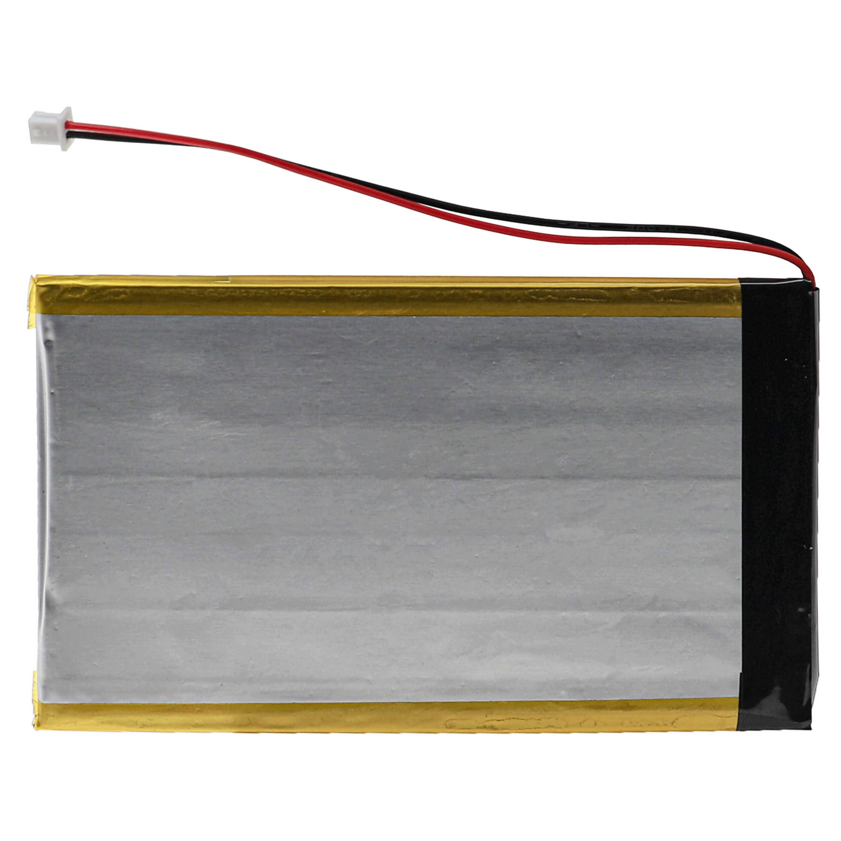 Eine rechteckige Lithium-Polymer-Batterie mit gelben Kanten, silberfarbenem Gehäuse und roten und schwarzen Drähten, die von einem Ende abgehen.