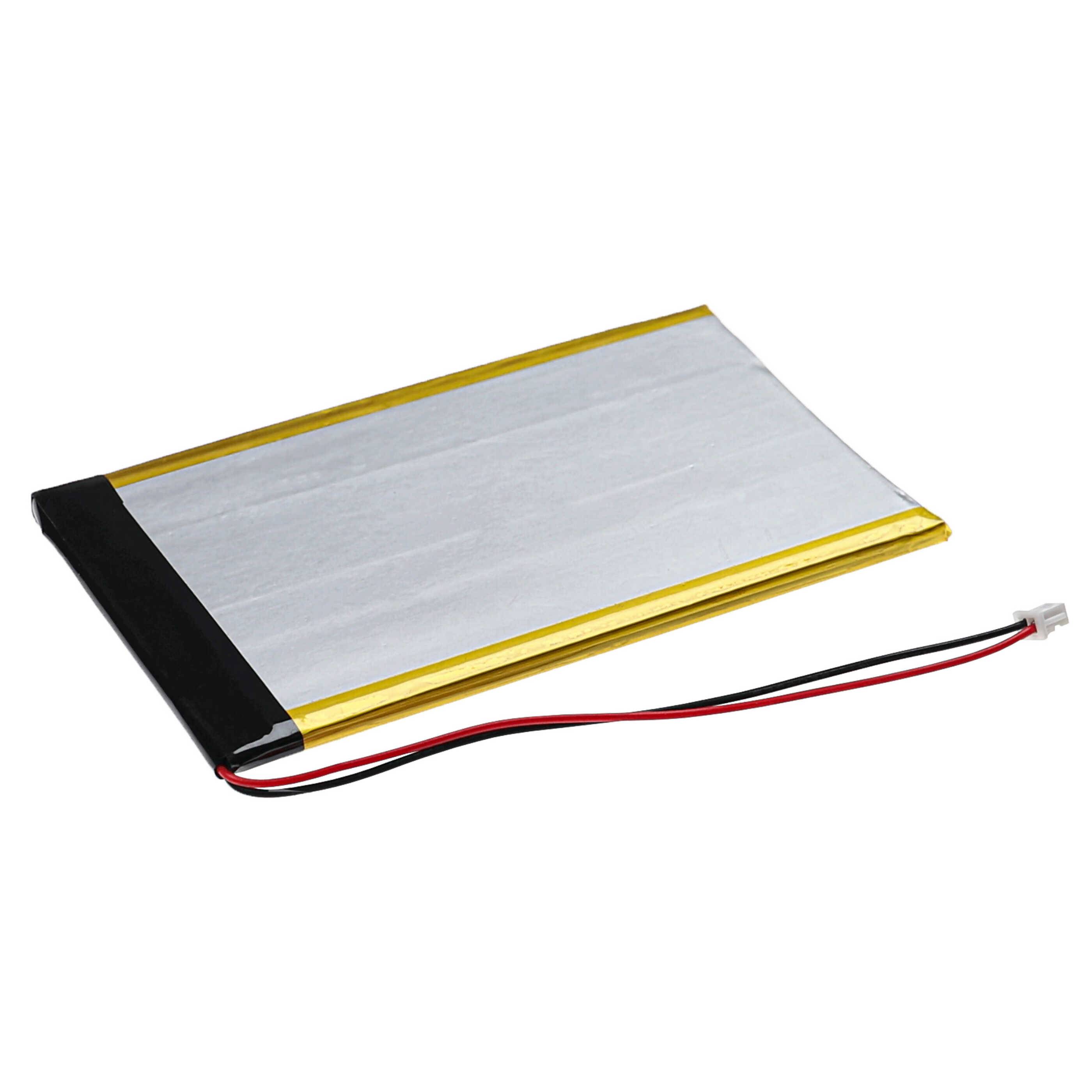 Ein rechteckiger Lithium-Polymer-Akku mit angeschlossenen roten und schwarzen Kabeln, die in einem weißen Stecker enden, für elektronische Geräte verwendet.