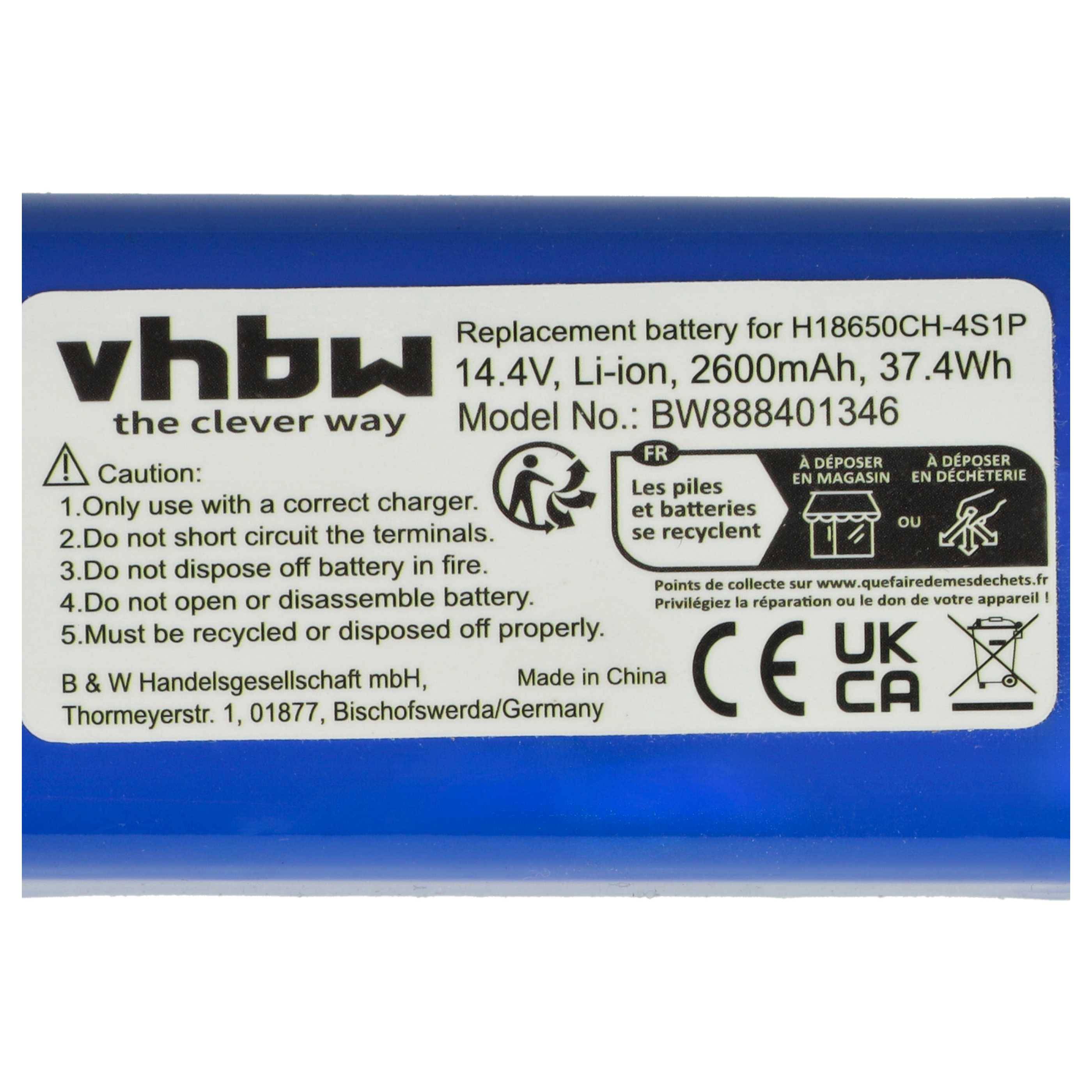 vhbw 1x Akku Ersatz für bObsweep E14040401505a für Staubsauger (2600 mAh, 14,8 V, Li-Ion, ohne Gehäuse)