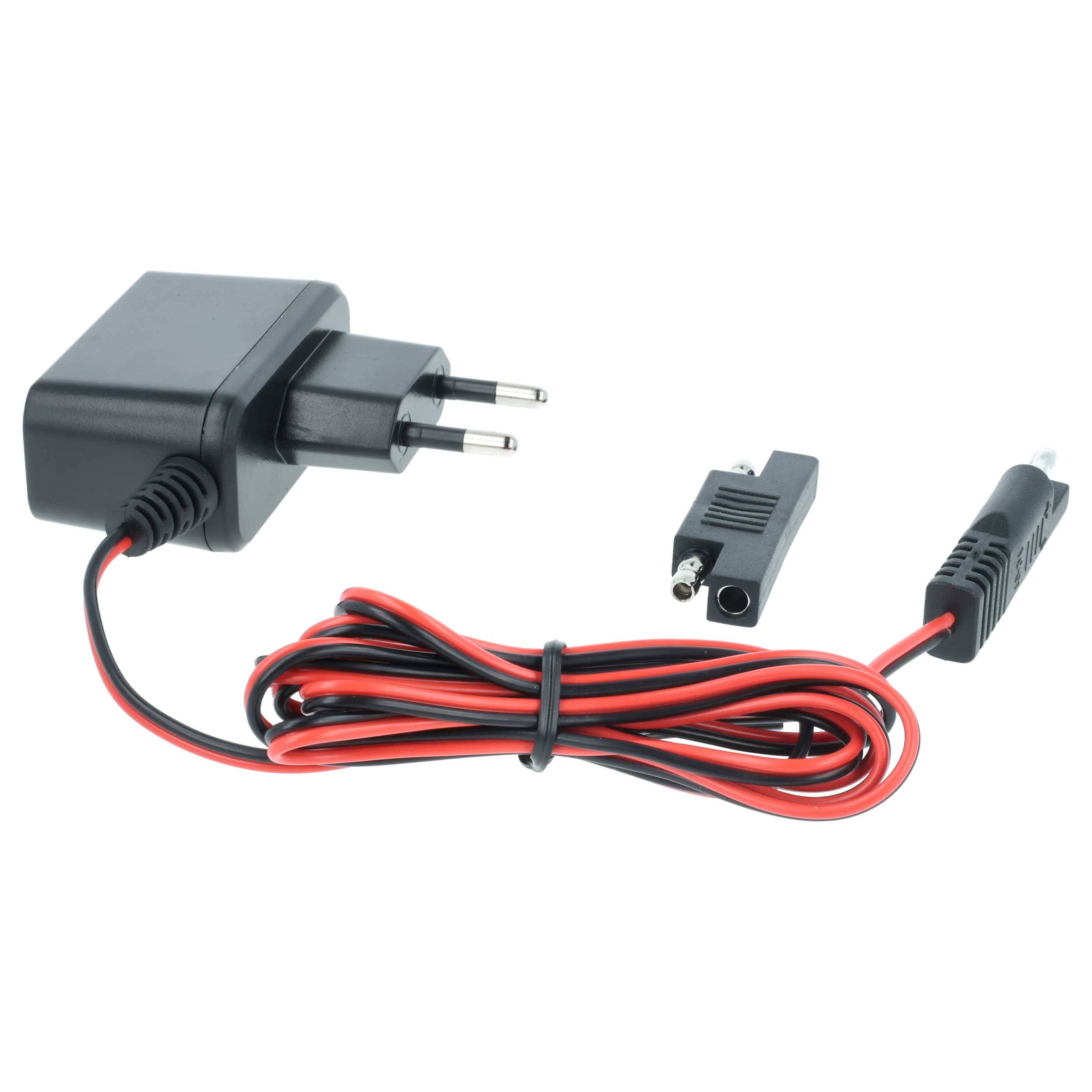 Ein schwarzes Netzteil mit einem europäischen Stecker, verbunden mit einem rot-schwarzen Kabel, das am Ende Klemmkonnektoren aufweist.